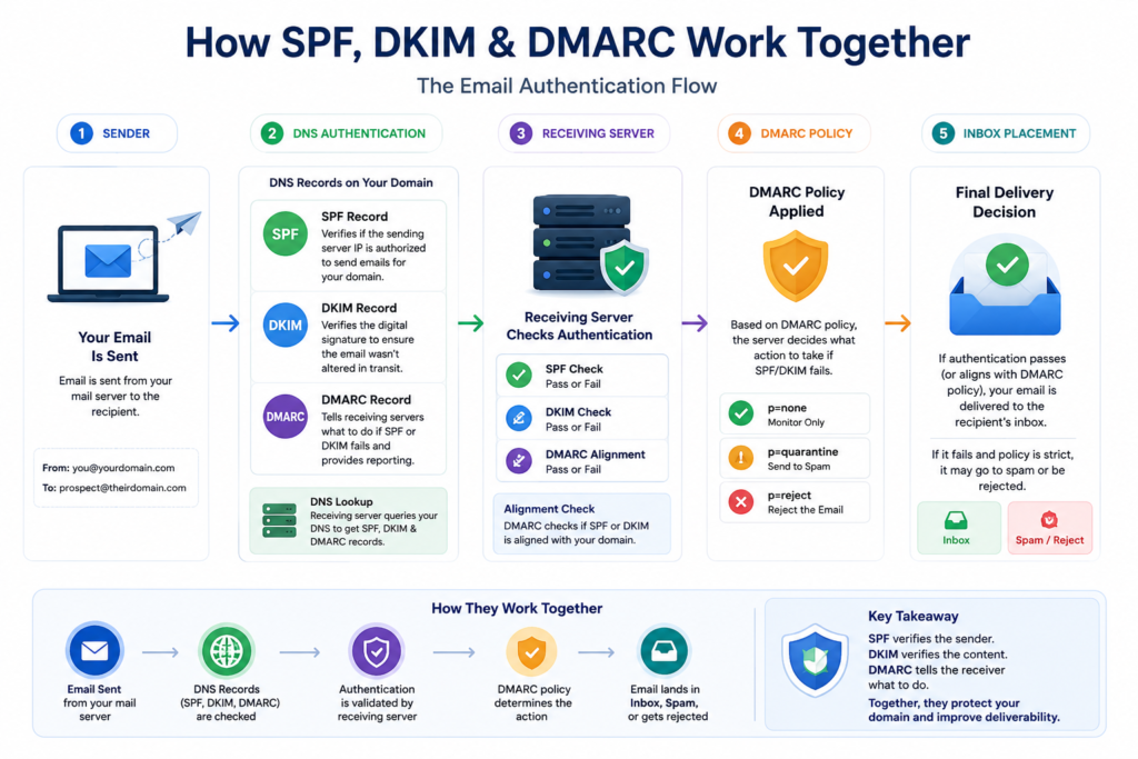 SPF vs DKIM vs DMARC comparison for cold email deliverability in 2026
