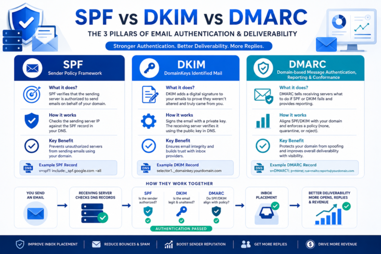 SPF vs DKIM vs DMARC comparison for cold email deliverability in 2026